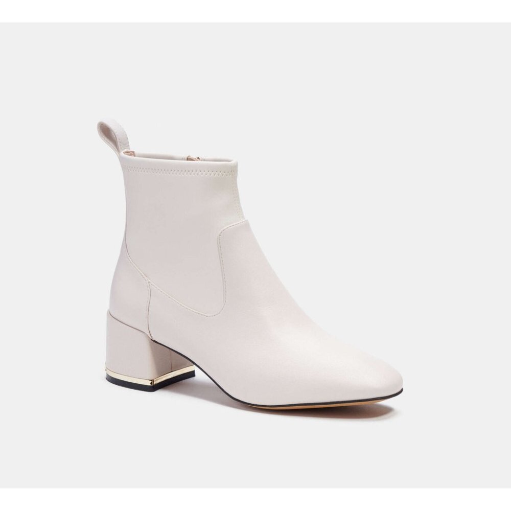 Coach Nala Bootie Women's White Leather Gold Signature Zip Closure 2" Block Heel